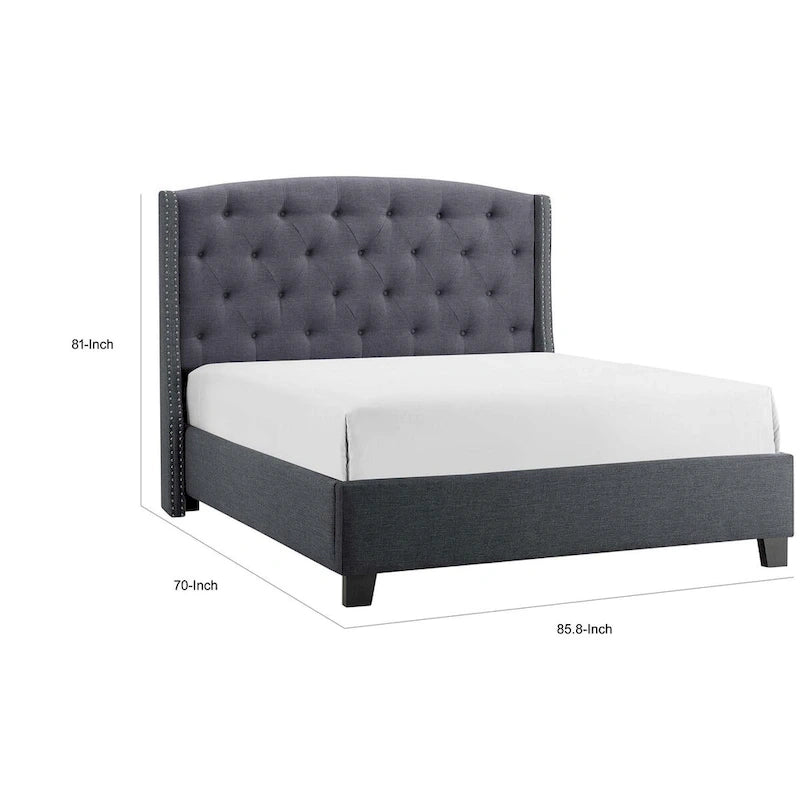 Kingsize-Bett, niedrige Bauweise, gepolstertes Kopfteil mit Knopfheftung, Grau