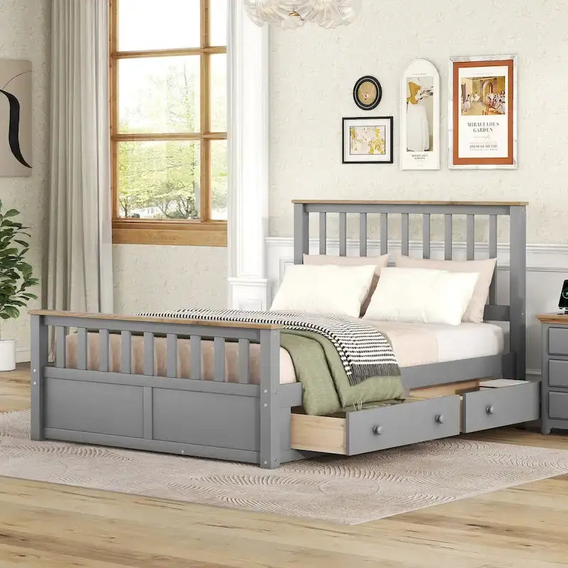 Platform Bed with 2 Drawers and Wooden Slat Support