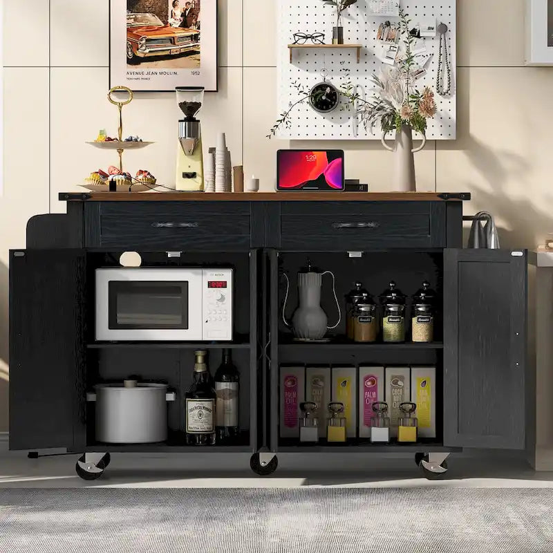 53.5" Kitchen Island with Power Outlet, Drop Leaf, Spice Rack, and Drawers – Mobile Storage Cart with Wheels