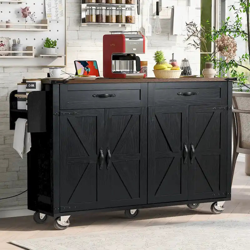 53.5" Kitchen Island with Power Outlet, Drop Leaf, Spice Rack, and Drawers – Mobile Storage Cart with Wheels