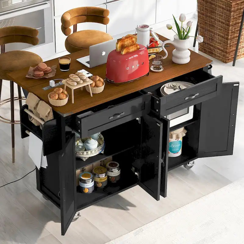 53.5" Kitchen Island with Power Outlet, Drop Leaf, Spice Rack, and Drawers – Mobile Storage Cart with Wheels