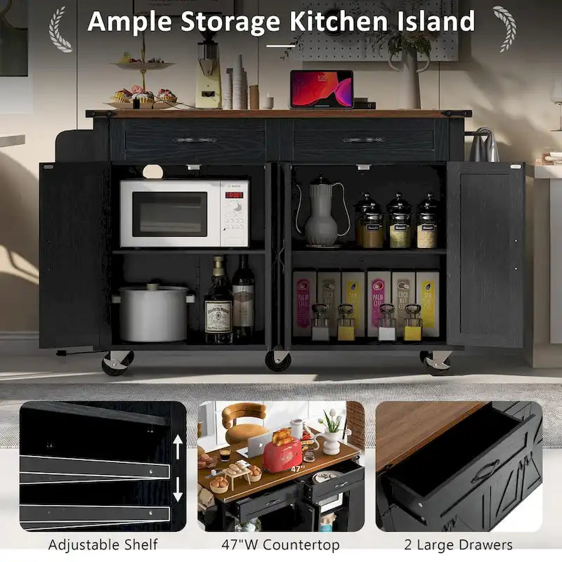 53.5" Kitchen Island with Power Outlet, Drop Leaf, Spice Rack, and Drawers – Mobile Storage Cart with Wheels