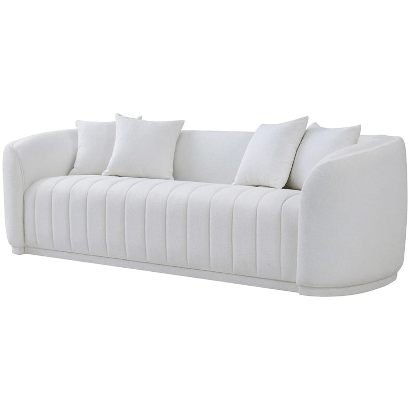 Luxusní pohovka Boucle v bílém provedení ve stylu Mid-Century Modern s pevně čalouněným opěradlem
