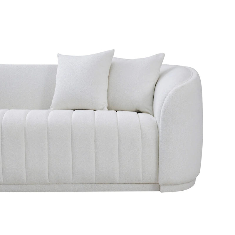 Luxusní pohovka Boucle v bílém provedení ve stylu Mid-Century Modern s pevně čalouněným opěradlem