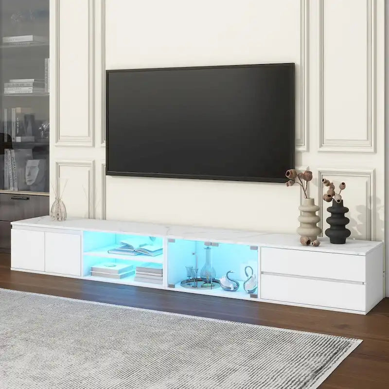Modern TV Stand with Tempered Glass Doors & LED Light