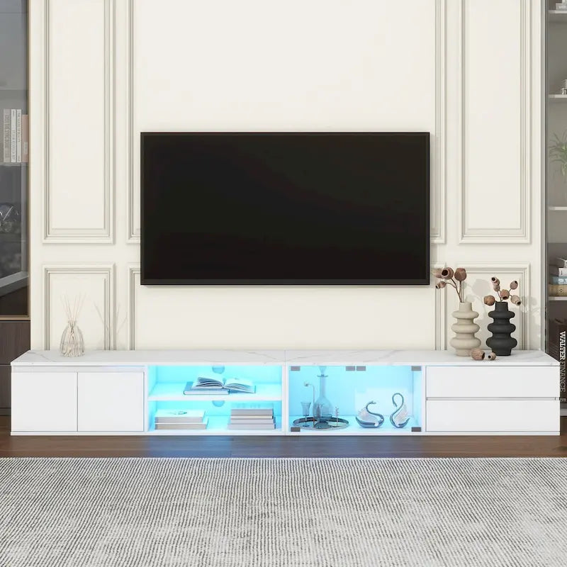 Moderní TV stolek s dvířky z tvrzeného skla a LED osvětlením