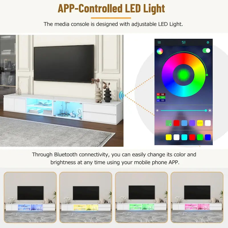 Moderní TV stolek s dvířky z tvrzeného skla a LED osvětlením