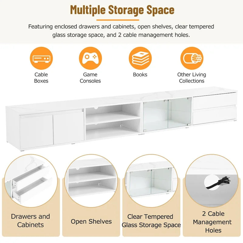 Modern TV Stand with Tempered Glass Doors & LED Light