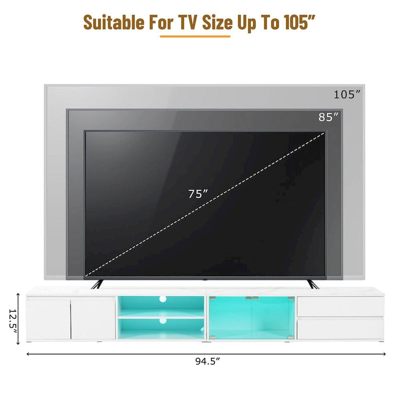 Moderní TV stolek s dvířky z tvrzeného skla a LED osvětlením