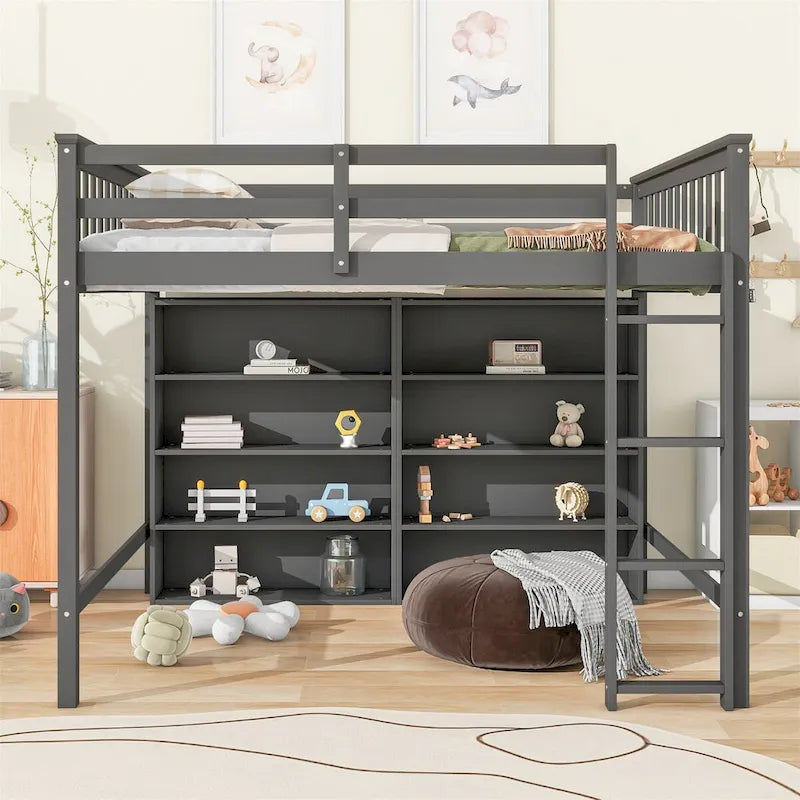 Full Size Loft Bed with 8 Storage Shelves and Built-in Ladder