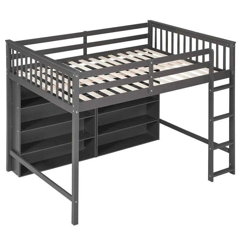 Full Size Loft Bed with 8 Storage Shelves and Built-in Ladder