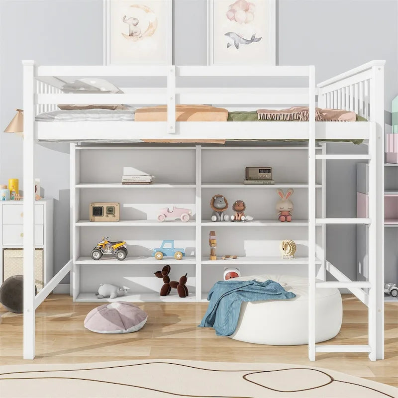 Full Size Loft Bed with 8 Storage Shelves and Built-in Ladder