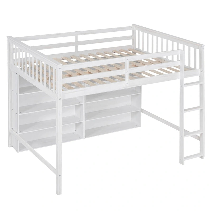 Full Size Loft Bed with 8 Storage Shelves and Built-in Ladder