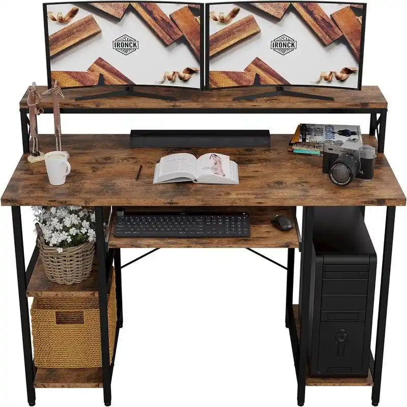 Industrial Computer Desk with Keyboard Tray and Storage Shelves