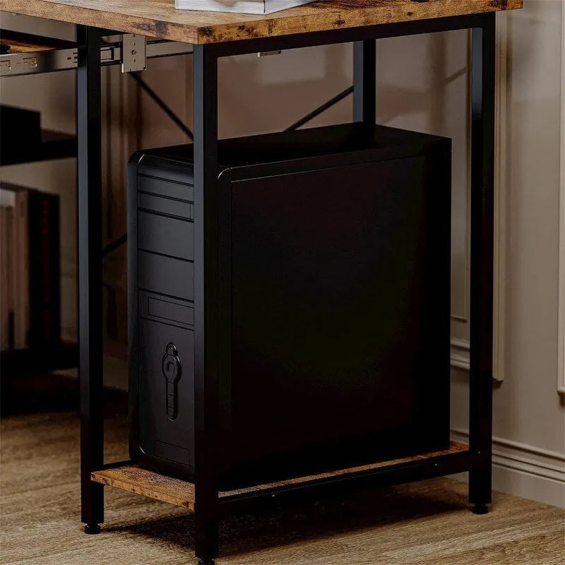 Industrial Computer Desk with Keyboard Tray and Storage Shelves
