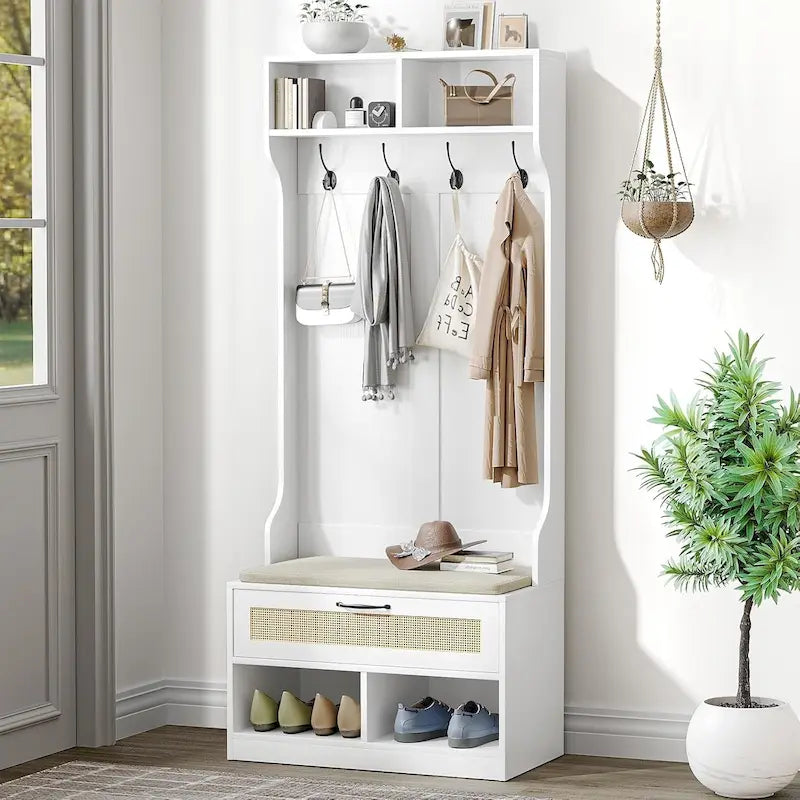 67" 3-in-1 Hall Tree Shoe Storage Bench and Coat Rack with 4 Hooks and 6 Compartments for Entryway