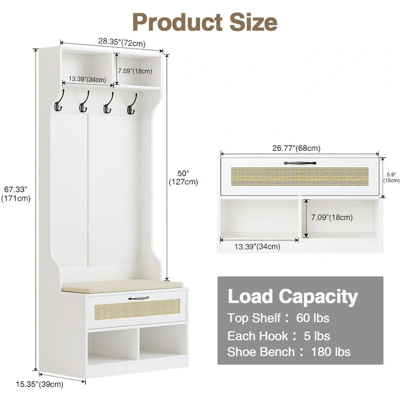 67" 3-in-1 Hall Tree Shoe Storage Bench and Coat Rack with 4 Hooks and 6 Compartments for Entryway