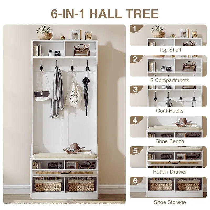 67" 3-in-1 Hall Tree Shoe Storage Bench and Coat Rack with 4 Hooks and 6 Compartments for Entryway