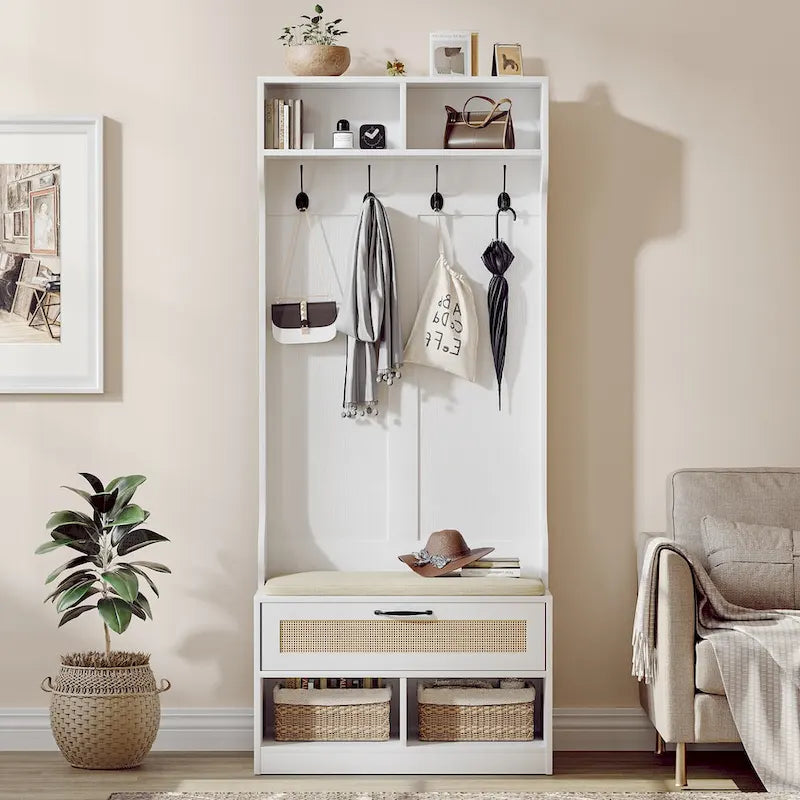 67" 3-in-1 Hall Tree Shoe Storage Bench and Coat Rack with 4 Hooks and 6 Compartments for Entryway