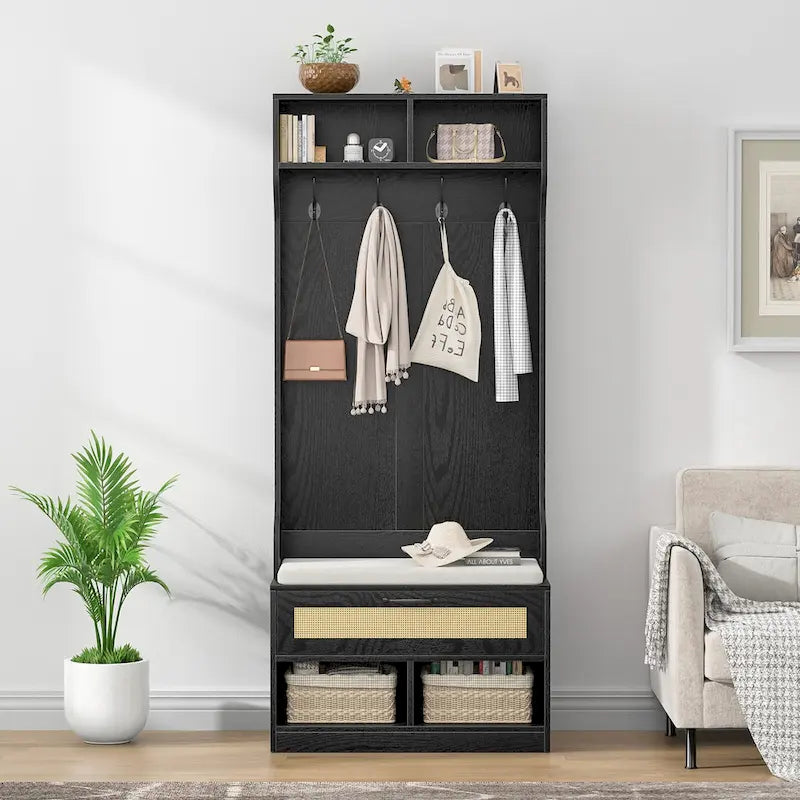 67" 3-in-1-Garderobe mit Schuhbank und Kleiderständer, 4 Haken und 6 Fächern für den Eingangsbereich