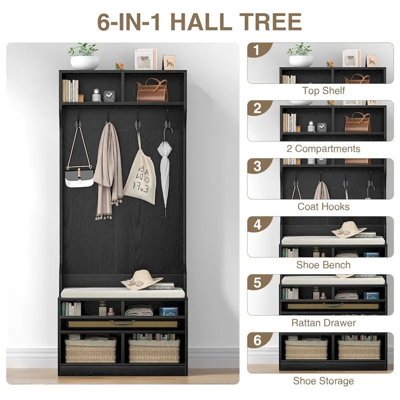 67" 3-in-1-Garderobe mit Schuhbank und Kleiderständer, 4 Haken und 6 Fächern für den Eingangsbereich